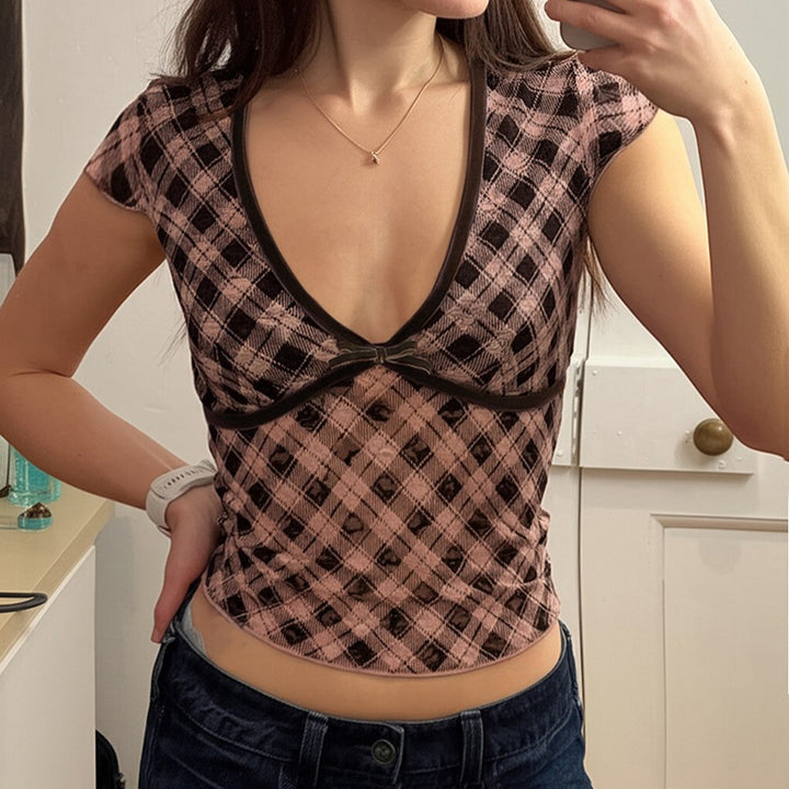 Plaid Mesh Deep V Crop Top with Velvet Bow Detail - Vedlit
