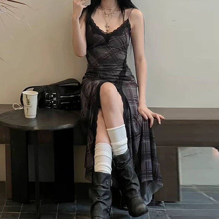 Plaid Mesh Lace Trim Asymmetrical Cami Dress - Vedlit