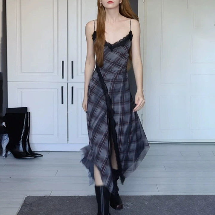 Plaid Mesh Lace Trim Asymmetrical Cami Dress - Vedlit