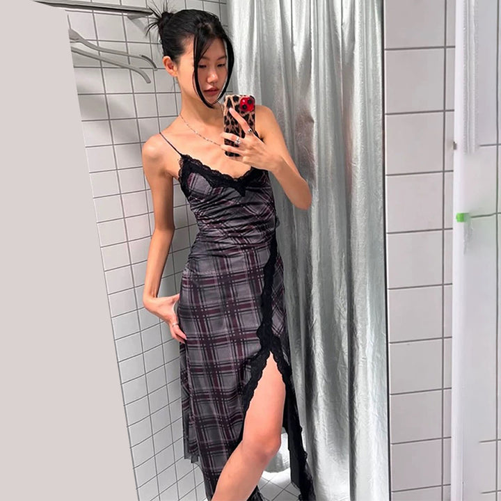 Plaid Mesh Lace Trim Asymmetrical Cami Dress - Vedlit