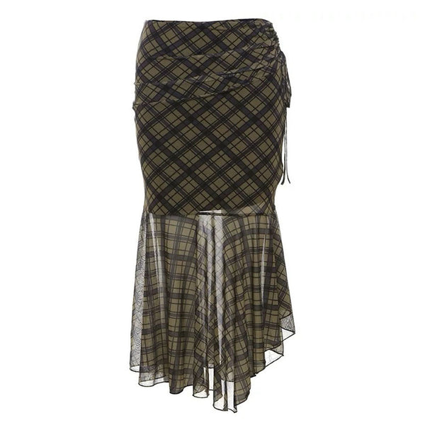 Plaid Asymmetrical Mesh Skirt - Vedlit