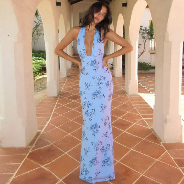 Plunge Halter Backless Floral Maxi Dress – Elegant Summer Style - Vedlit