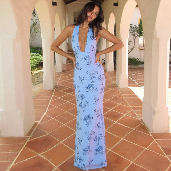 Plunge Halter Backless Floral Maxi Dress – Elegant Summer Style - Vedlit