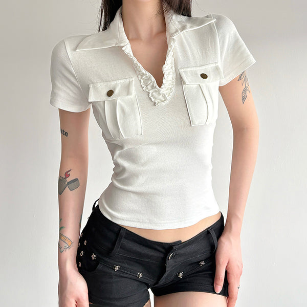Pocket Detail Ribbed Polo Tee with Ruffle Neckline - Vedlit
