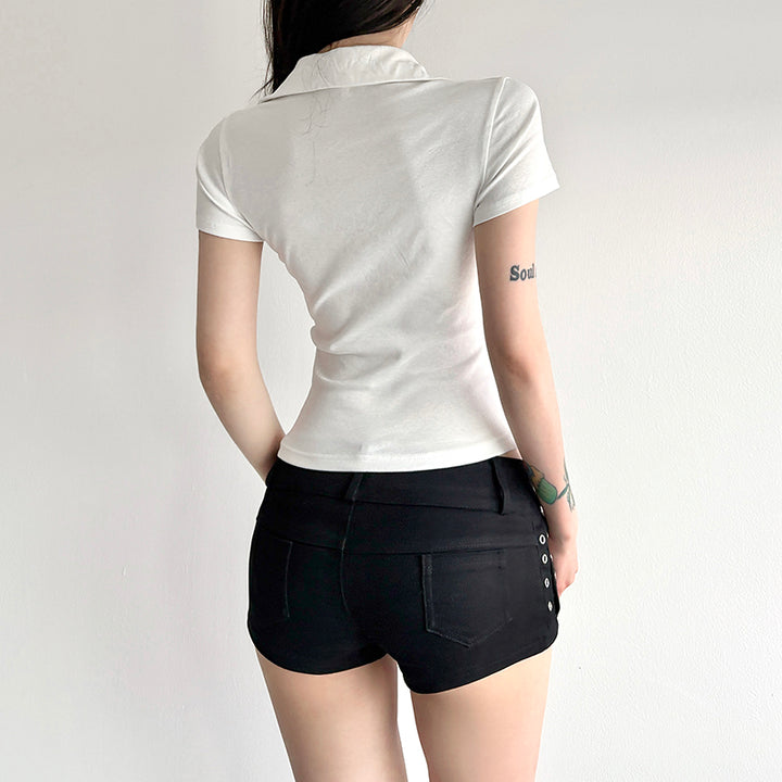 Pocket Detail Ribbed Polo Tee with Ruffle Neckline - Vedlit