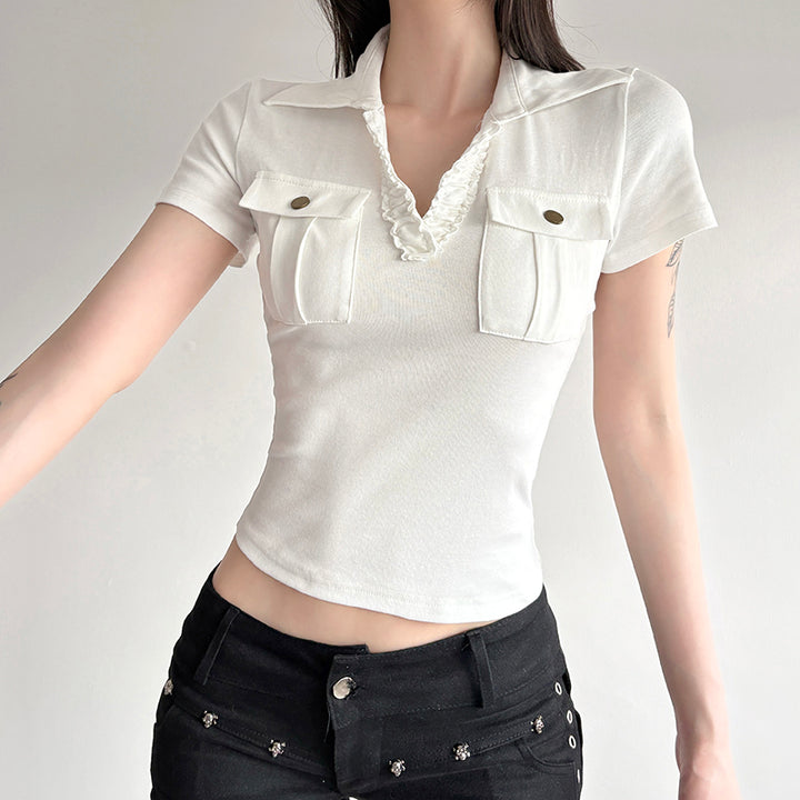 Pocket Detail Ribbed Polo Tee with Ruffle Neckline - Vedlit