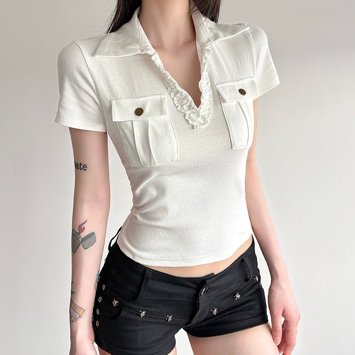 Pocket Detail Ribbed Polo Tee with Ruffle Neckline - Vedlit