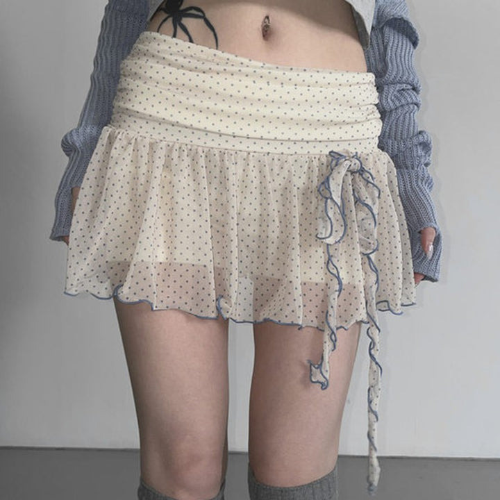 Polka Dot Chiffon Ruffle Tie Mini Skirt – Kawaii Flare Skirt - Vedlit