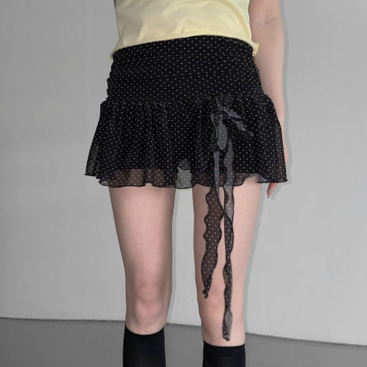 Polka Dot Chiffon Ruffle Tie Mini Skirt – Kawaii Flare Skirt - Vedlit