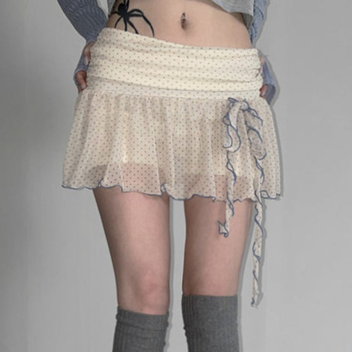 Polka Dot Chiffon Ruffle Tie Mini Skirt – Kawaii Flare Skirt - Vedlit