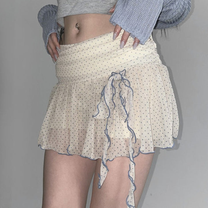 Polka Dot Chiffon Ruffle Tie Mini Skirt – Kawaii Flare Skirt - Vedlit