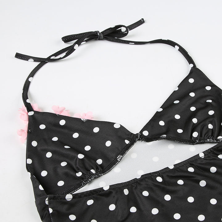 Polka Dot Halter Crop Top with 3D Floral Detail - Vedlit