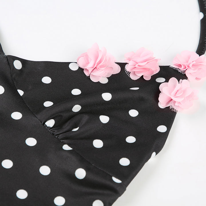 Polka Dot Halter Crop Top with 3D Floral Detail - Vedlit