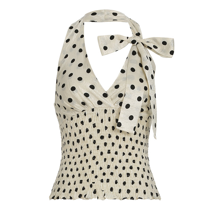 Polka Dot Halter Top with Smocked Waist and Bow Tie - Vedlit