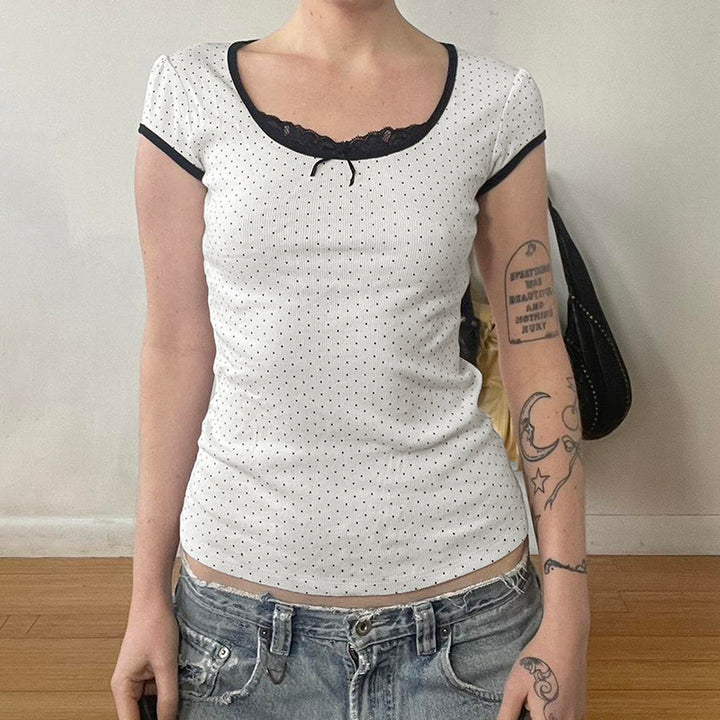 Polka Dot Lace Trim Fitted Baby Tee – Black & White - Vedlit