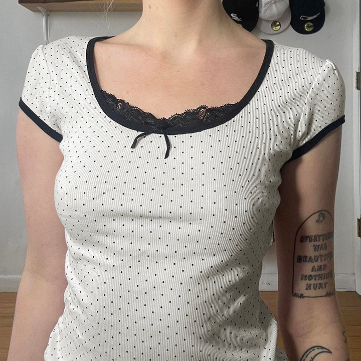Polka Dot Lace Trim Fitted Baby Tee – Black & White - Vedlit