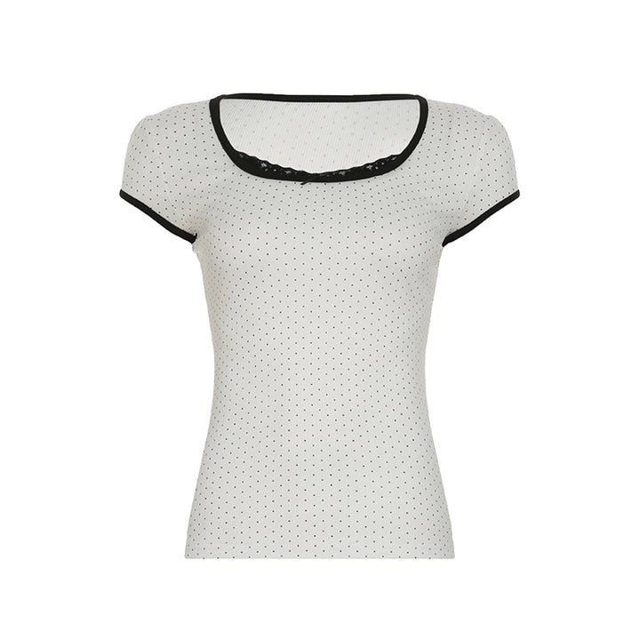 Polka Dot Lace Trim Fitted Baby Tee – Black & White - Vedlit