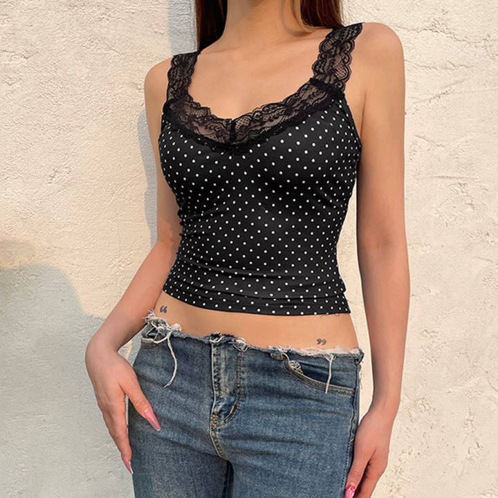 Polka Dot Lace Trim Sleeveless Slim Fit Cami Top - Vedlit