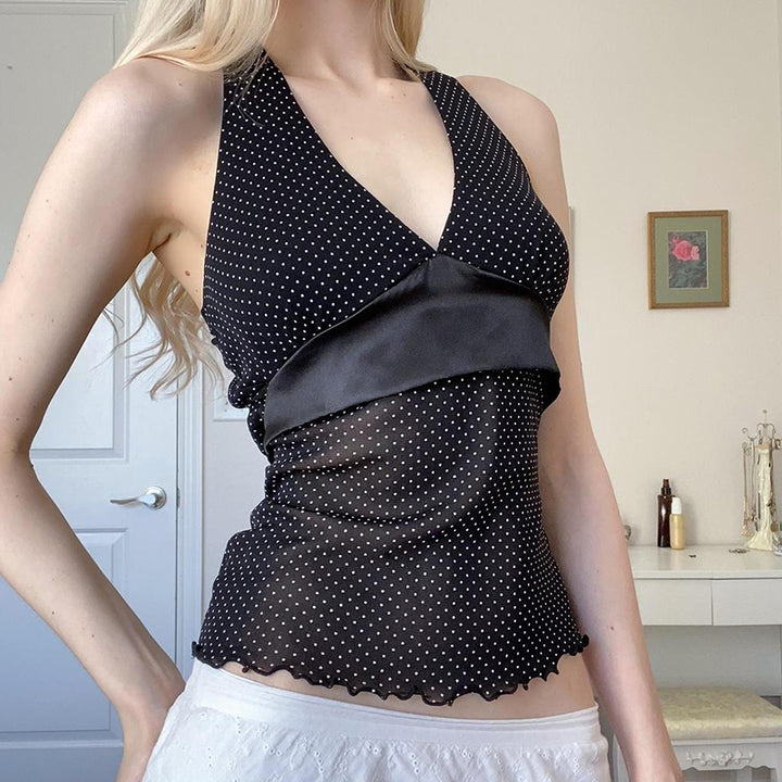 Polka Dot Mesh Halter Backless Tie Top - Black - Vedlit