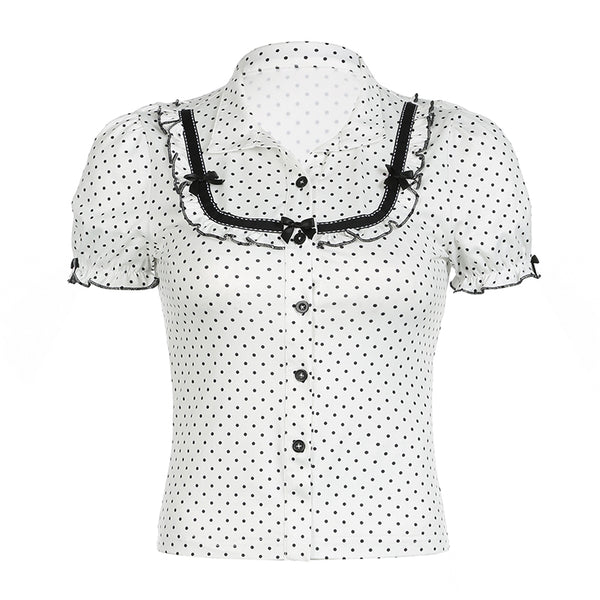 Polka Dot Puff Sleeve Blouse with Lace Bows - Vedlit