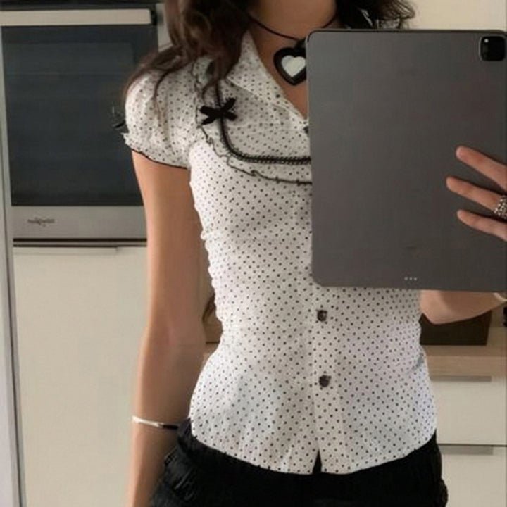 Polka Dot Puff Sleeve Blouse with Lace Bows - Vedlit