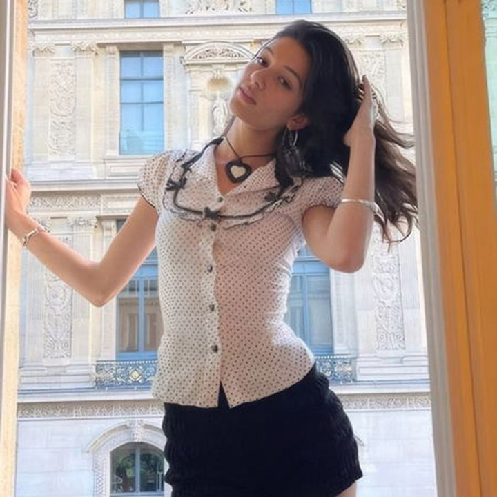 Polka Dot Puff Sleeve Blouse with Lace Bows - Vedlit