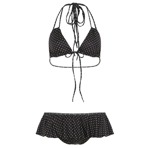 Polka Dot Ruffle Bikini Set with Tie Front Halter Top - Vedlit