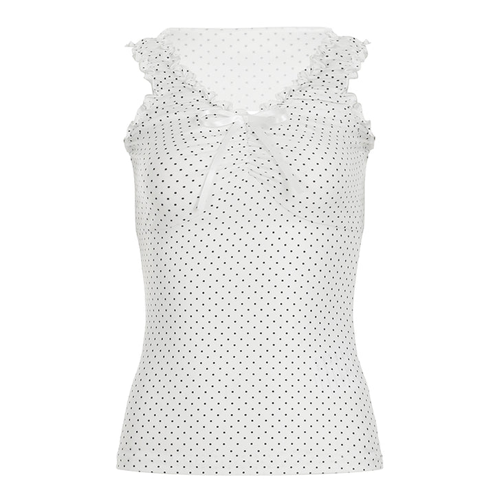 Polka Dot Ruffle Trim Sleeveless Bow Tank Top - Vedlit