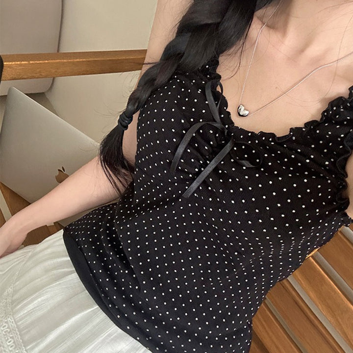 Polka Dot Ruffle Trim Sleeveless Bow Tank Top - Vedlit