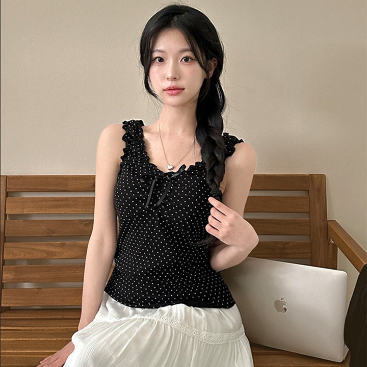 Polka Dot Ruffle Trim Sleeveless Bow Tank Top - Vedlit