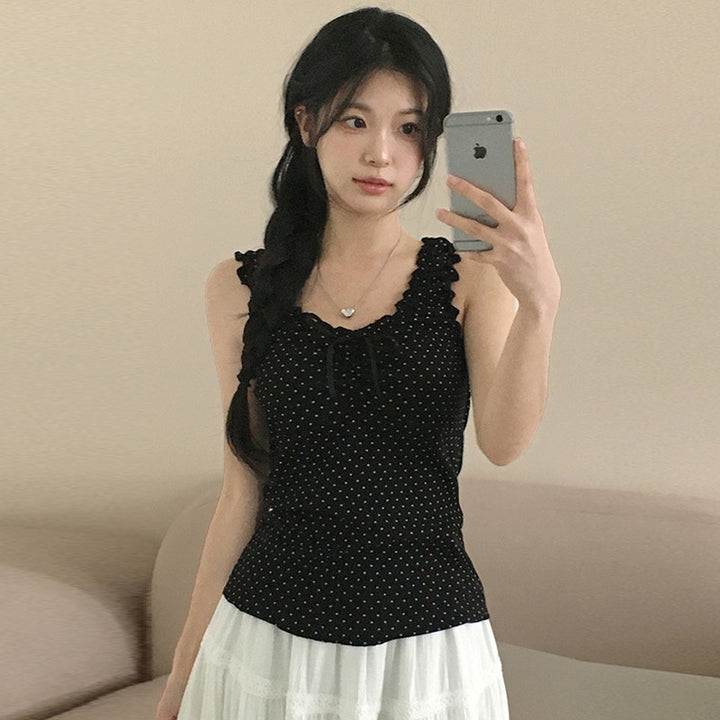 Polka Dot Ruffle Trim Sleeveless Bow Tank Top - Vedlit