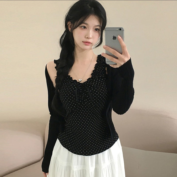 Polka Dot Ruffle Trim Sleeveless Bow Tank Top - Vedlit