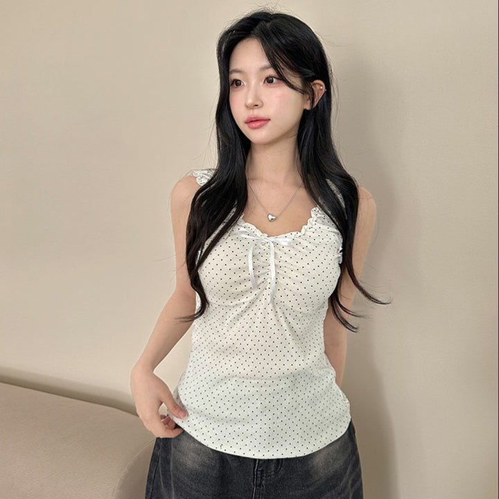 Polka Dot Ruffle Trim Sleeveless Bow Tank Top - Vedlit