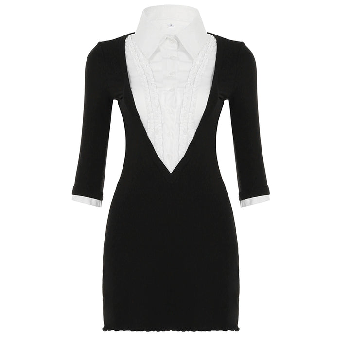 Preppy Contrast Collar Deep V Ruffle Mini Dress - Vedlit