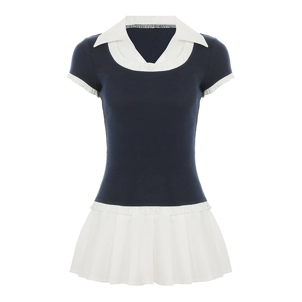 Preppy Pleated Collar Mini Dress with Contrast Trim - Vedlit