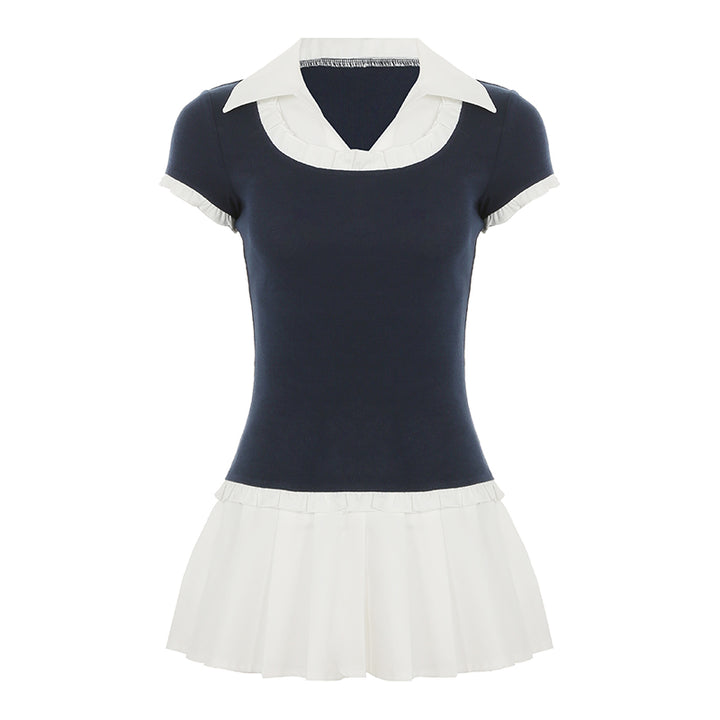 Preppy Pleated Collar Mini Dress with Contrast Trim - Vedlit