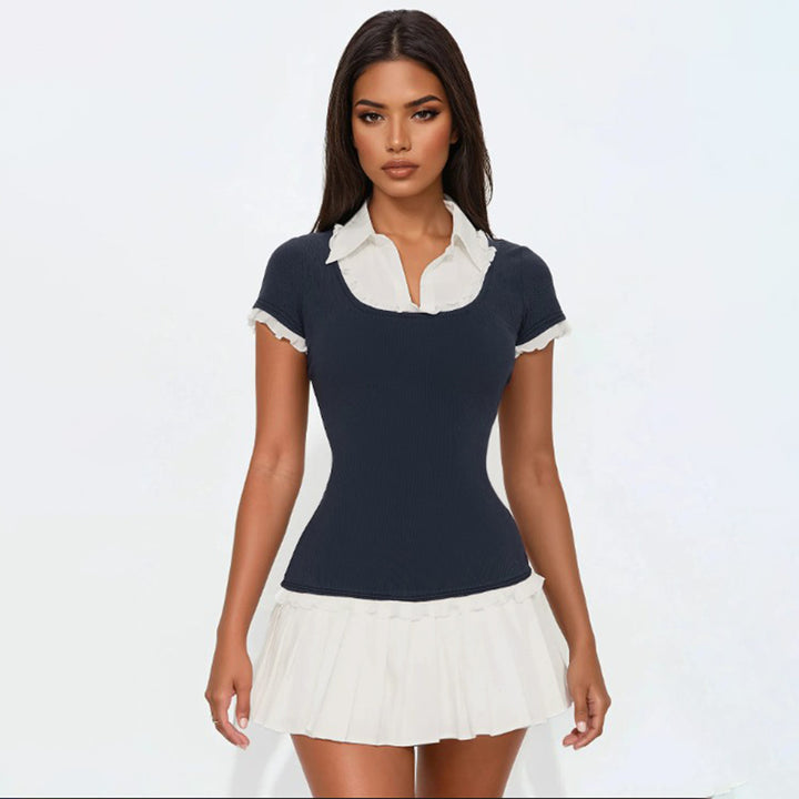 Preppy Pleated Collar Mini Dress with Contrast Trim - Vedlit