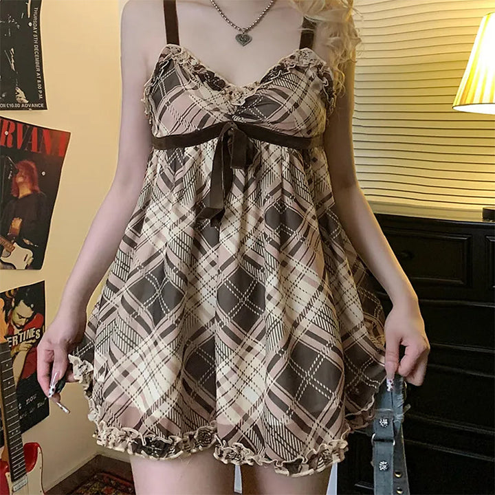 Preppy Aesthetic Plaid Mini Tank Dress - Vedlit