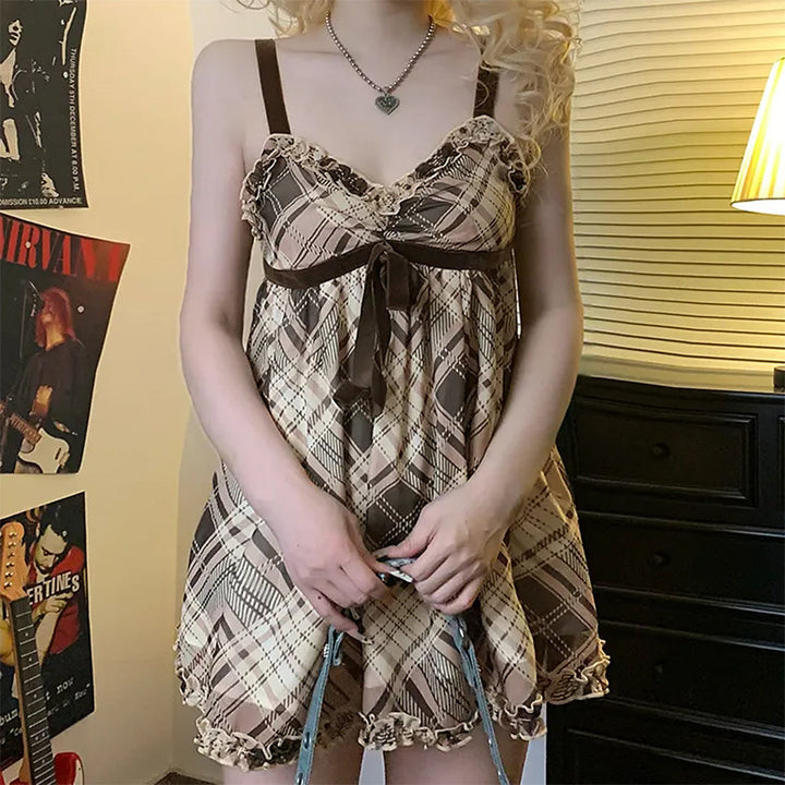 Preppy Aesthetic Plaid Mini Tank Dress - Vedlit