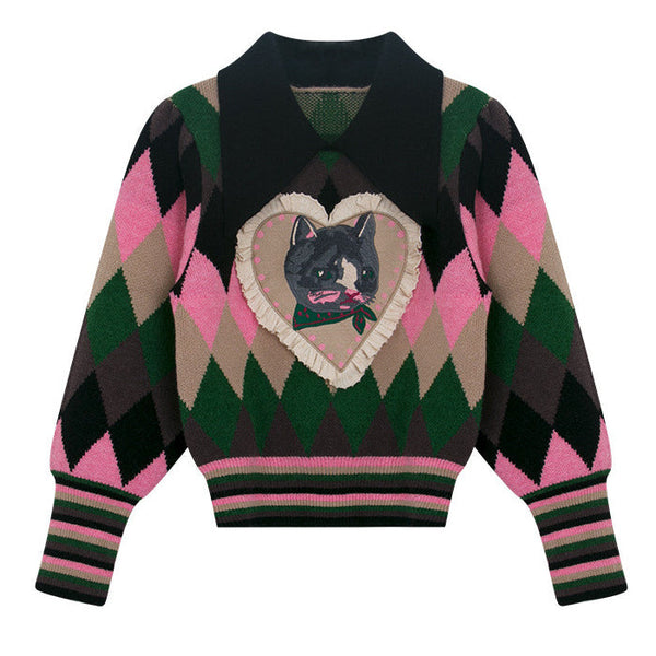 Preppy Cat Argyle Collar Jumper - Vedlit