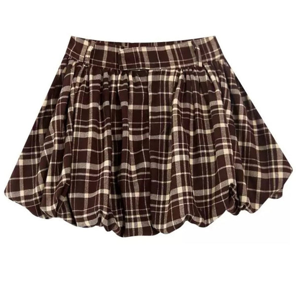 Preppy Plaid Balloon Mini Skirt - Vedlit