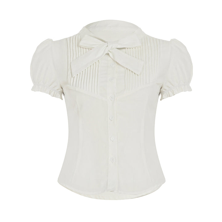 Puff Sleeve Bow Tie Blouse with Pleated Front - Vedlit