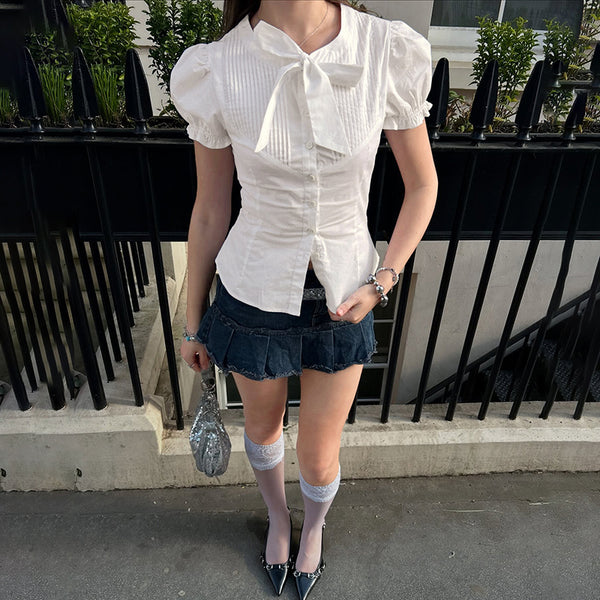 Puff Sleeve Bow Tie Blouse with Pleated Front - Vedlit