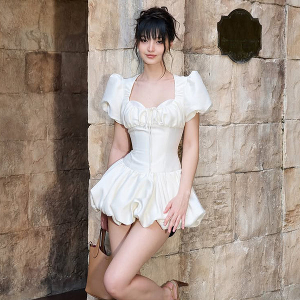 Puff Sleeve Satin Babydoll Corset Dress - Vedlit