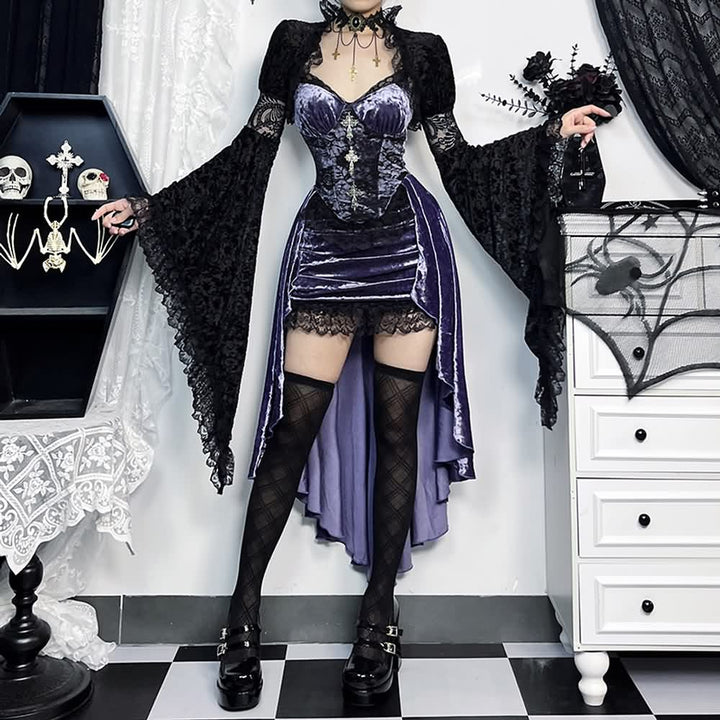 Purple Gothic Lace Asymmetrical Dress With Shrug Top - Vedlit