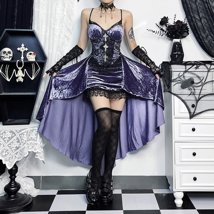 Purple Gothic Lace Asymmetrical Dress With Shrug Top - Vedlit