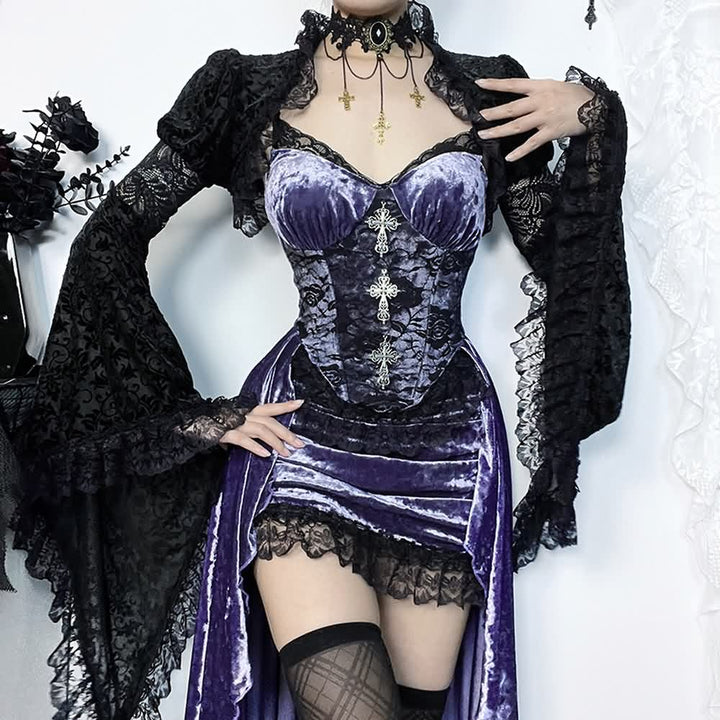 Purple Gothic Lace Asymmetrical Dress With Shrug Top - Vedlit