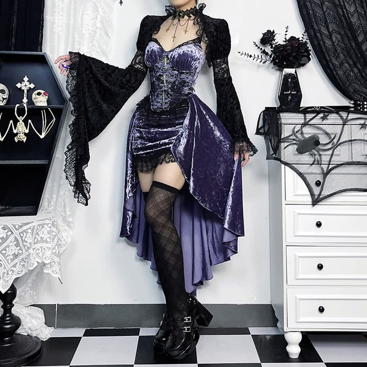 Purple Gothic Lace Asymmetrical Dress With Shrug Top - Vedlit