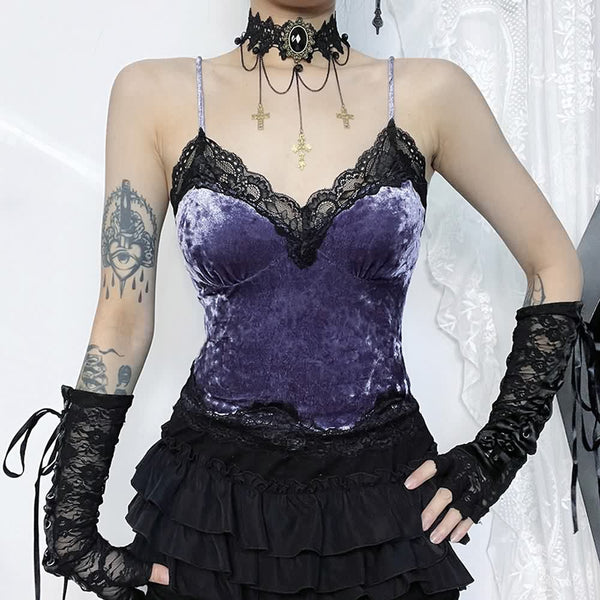 Purple Gothic Lace Trim Velvet Cami Top - Vedlit