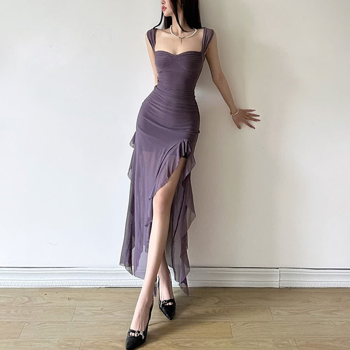 Purple Mesh Ruffle Slit Midi Dress - Vedlit